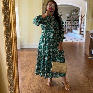 Chelsea28 Green Floral Bow Tie Long Sleeve Dress